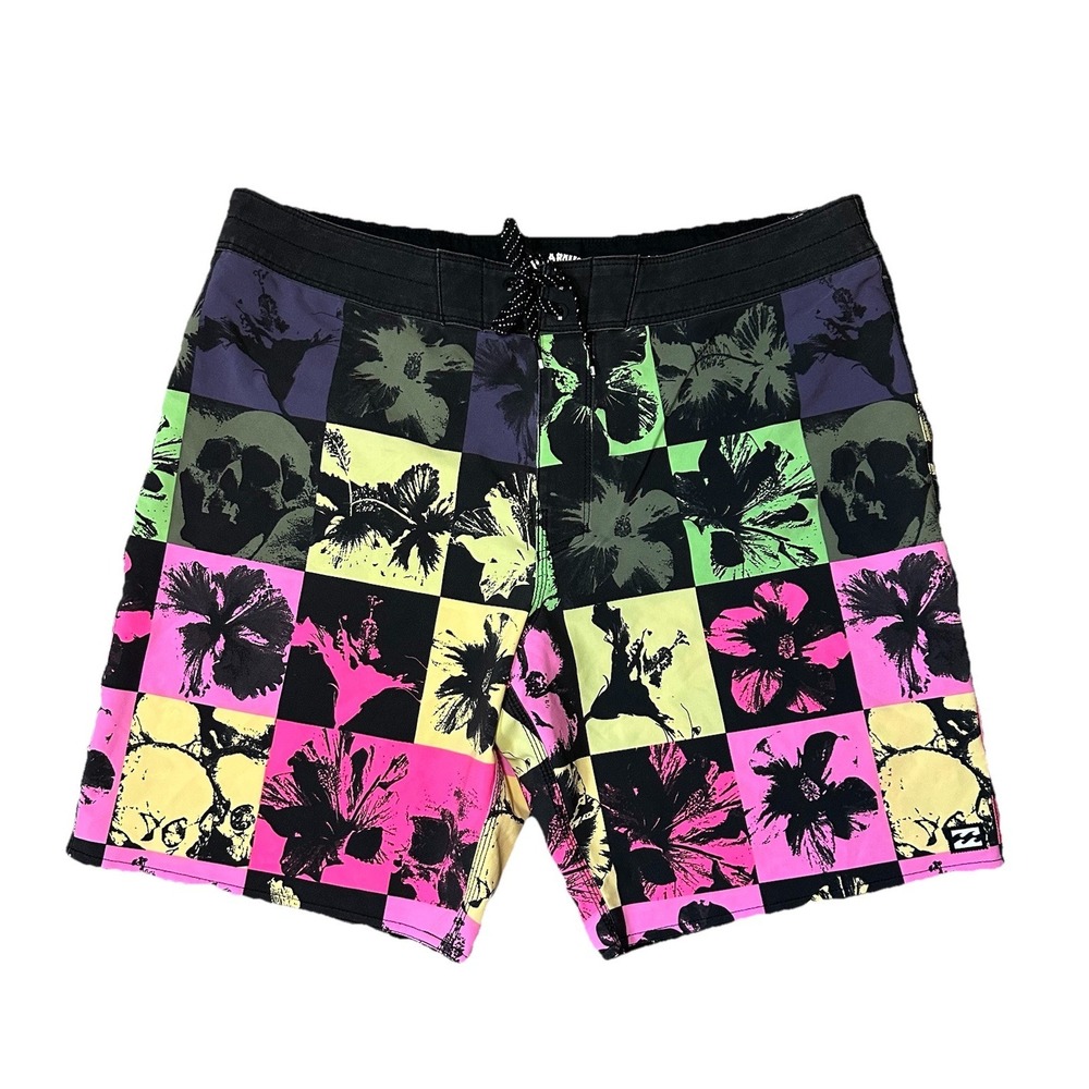 Billabong Men 36 Sundays Pro Boardshorts Neon Floral Skull Checkered Goth Emo